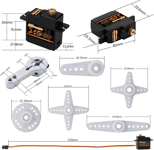 Vista 6 de 2 piezas de servo digital mini 21G, kit de motor de servos micro RC de engranaje de dirección de metal completo con cuerno de servo de 25T