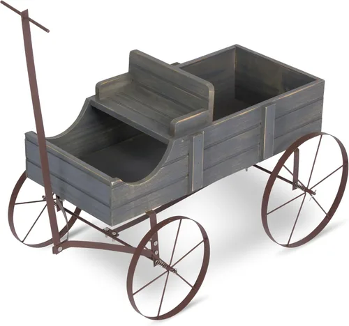 Vista 5 de Shine Company Maceta decorativa de jardín de carro, decoración de patio de madera para plantas al aire libre, pequeña, gris