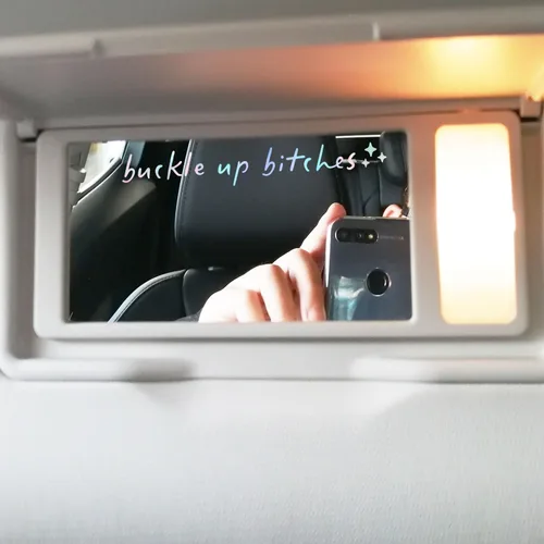 Vista 2 de 2 calcomanías con el texto “Buckle Up” para espejo retrovisor, calcomanía de vinilo divertida y bonita para el auto