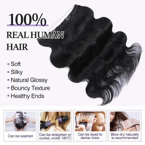 Vista 2 de Extensiones de cabello humano real, extensiones de cabello humano 100 % humano, extensiones de clip, ondulado, negro azabache 01, 2.46 oz/18 pulgadas