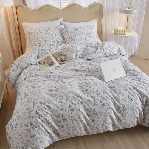 Vista 6 de Juego de funda de edredón blanca con estampado floral azul, juego de ropa de cama de algodón suave estilo bohemio, juego de ropa de cama estética