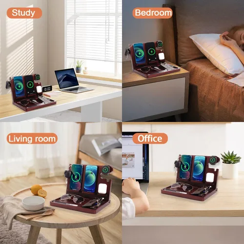 Vista 5 de Base de carga para teléfono de madera Xunhomon, estación de carga inalámbrica de 27W de carga rápida para 2 teléfonos para iOS/Android/iWatch/Air