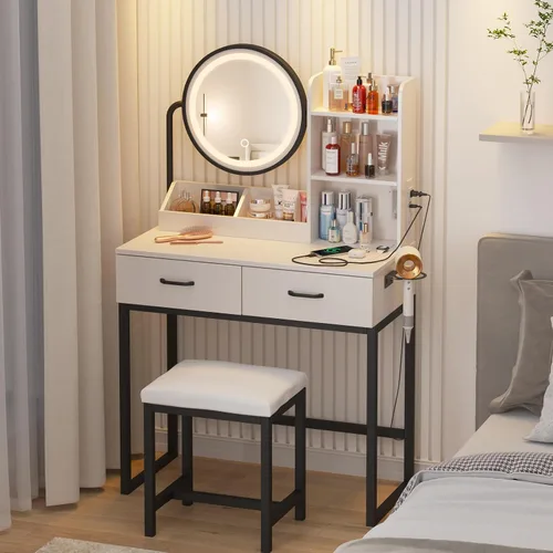 Vista 6 de Vabches Tocador de maquillaje con espejo redondo y luces, mesa de maquillaje blanca con estación de carga, mesa de tocador pequeña para dormitorio