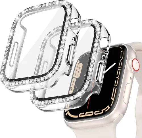 Vista 10 de Goton - Pack de 2 Fundas Bling para Apple Watch con Protector de Pantalla 40mm SE 3/2/1, Series 6/5/4, Funda con Purpurina para Mujer con Diamantes