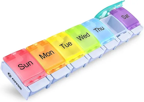 Vista 9 de AUVON Organizador semanal de pastillas apto para artritis, sin BPA, estuche pastillero de viaje de 7 días con diseño de apertura por resorte
