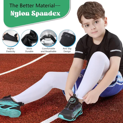 Vista 3 de Newbyinn 2 pares de mangas de pierna para niños, manga larga de compresión para jóvenes, niños, niñas, baloncesto, fútbol, fútbol