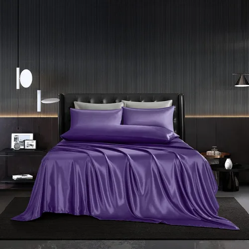 Vista 18 de Juego de sábanas de satén de 4 piezas de color negro tamaño individual, juego de ropa de cama de satén sedoso negro con 1 sábana encimera de satén