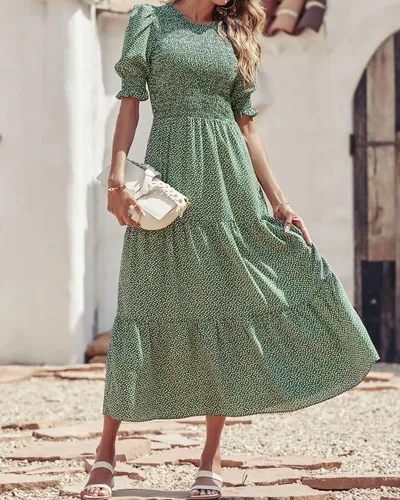 Vista 15 de BTFBM Vestidos para mujer, cuello redondo, casual, de verano, con volantes, manga corta, bohemio, con niveles, fruncido, largo, con estampado floral