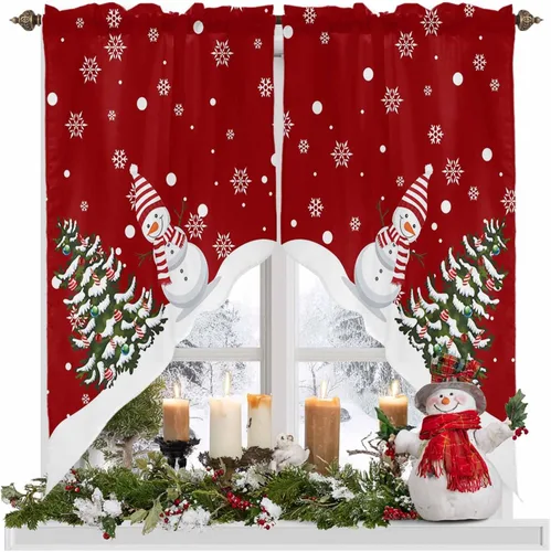 Vista 18 de BEMIGO Cortinas de cocina de Navidad, lindas cortinas de granja con muñeco de nieve azul, cenefa con bolsillo para barra de copos de nieve