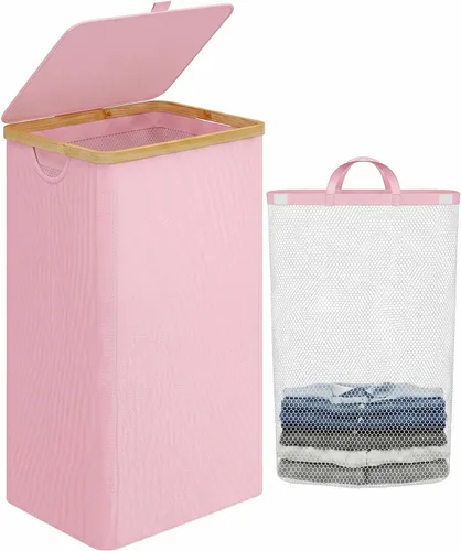 Vista 19 de iEGrow Cesta de lavandería con tapa, cesta grande de lavandería de 110 litros con asa y tapa, organizador de ropa plegable con bolsa interior Beige