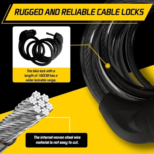 Vista 4 de Candado de cable para bicicleta de 6 pies de largo, candado de combinación reseteable de 4 dígitos, cable de acero resistente con revestimiento