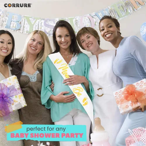 Vista 8 de CORRURE Banda para baby shower para niño o niña, banda con la frase "Mom to Be" con hermosa cinta blanca y texto dorado - Ideal para revelación
