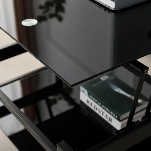 Vista 5 de Mesa de centro negra elevable, moderna mesa central pequeña de vidrio templado de 2 capas con almacenamiento, mesa auxiliar ajustable de 37.8