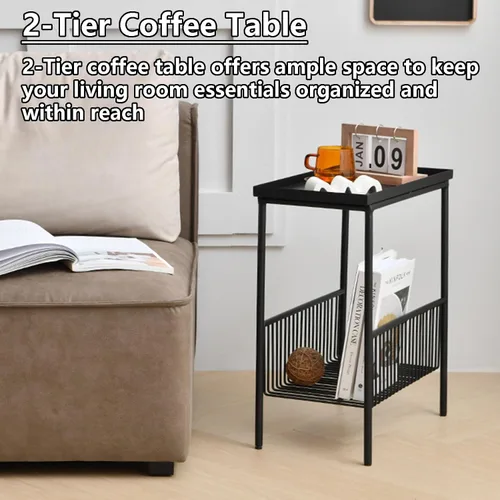 Vista 4 de Mesa de Café Creativa Mesa Auxiliar Salón Pequeño Sofá Mini Mesa de Centro Dormitorio Cabecera Sencilla Doble Estante Mesa Móvil para Espacios Blanco