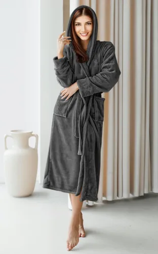 Vista 5 de NY Threads - Bata de baño de vellón con capucha para mujer, larga y afelpada