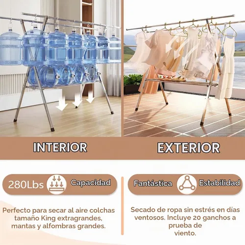Vista 4 de JAUREE Tendedero de secado de ropa de 2 niveles, resistente para interiores y exteriores, de acero inoxidable, con 20 ganchos resistentes al viento