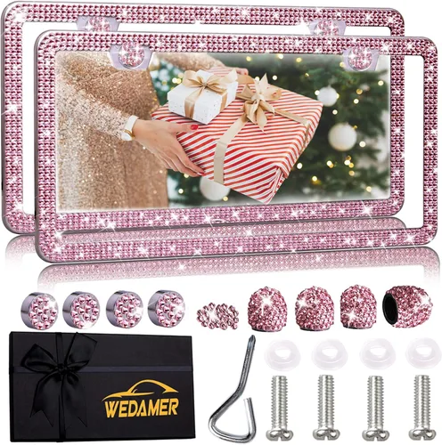 Vista 10 de WEDAMER Paquete de 2 marcos de matrícula negros para mujer, marco de matrícula con diamantes de imitación brillantes con purpurina deslumbrante