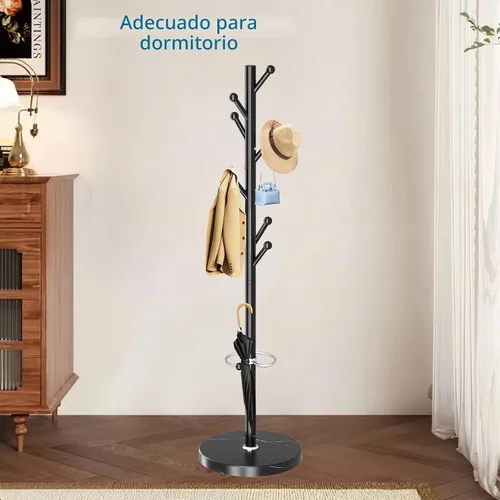 Vista 5 de OIRUMIE Perchero con base de mármol natural, perchereros metálicos independientes, perchero resistente con 8 ganchos para colgar bufanda, bolso Negro