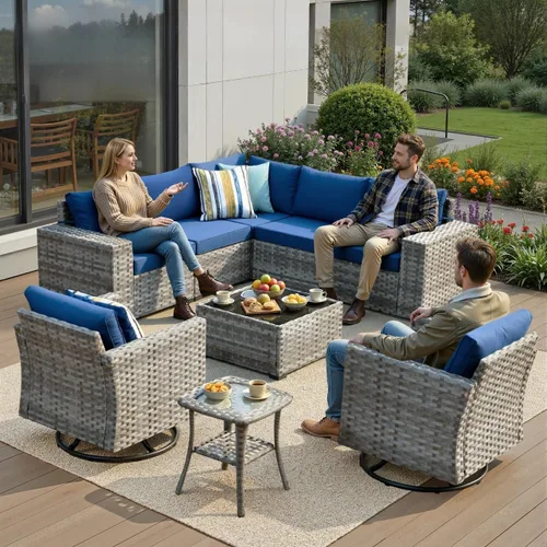 Vista 28 de Juego de muebles de patio de 6 piezas, sofá modular de mimbre para exteriores con mesa auxiliar, cómodos cojines, moderno sofá modular de ratán