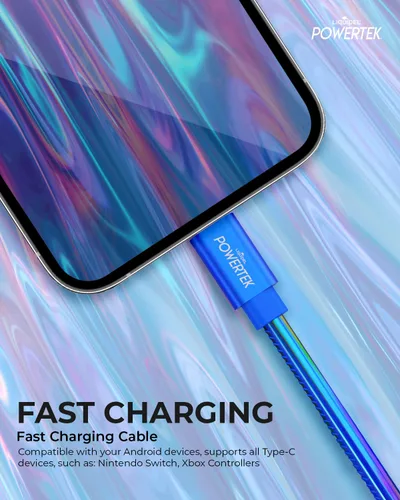 Vista 3 de LIQUIPEL Powertek Metallic Shine - Cable de carga USB tipo C, cable USB C de carga rápida de 6 pies, adaptador para automóvil, Galaxy, Android