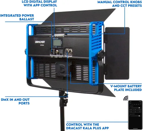 Vista 3 de Dracast Kala Plus Series 2000 Luz de video LED bicolor Ajustable 3200K - 5600K Control de aplicación Regulable 0-100% CRI y TLCI 96+ Placa
