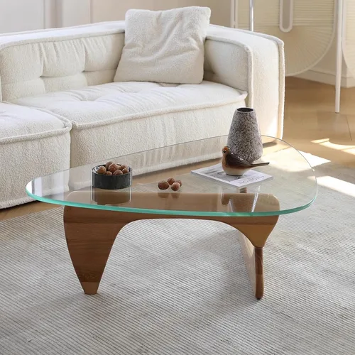 Vista 5 de Mesa de centro de cristal, mesa de centro moderna de mediados de siglo para sala de estar, mesa central ovalada rústica con parte superior de vidrio