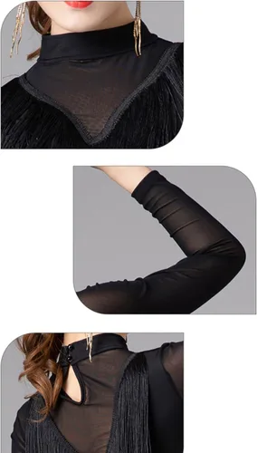 Vista 4 de Vestido de entrenamiento latino con borlas, falda de práctica de cha cha, para mujer, para sala de baile, tango, vals