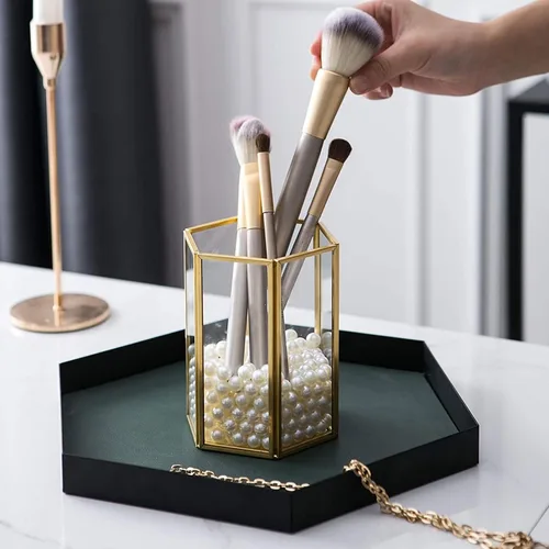 Vista 4 de ARTIBETTER Soporte para brochas de maquillaje de cristal, organizador de cosméticos de acrílico para almacenamiento de tocador, organizador
