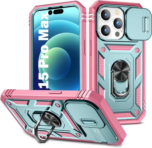 Vista 11 de PASNEW Funda militar para iPhone 13 Pro Max, cubierta de cámara deslizante y soporte de anillo de metal de 360°, carcasa rígida multicapa resistente