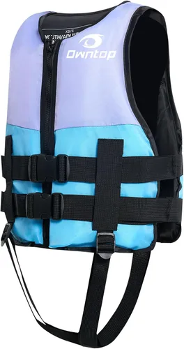 Vista 9 de Owntop Chaquetas de natación para niños y adultos de 50 a 125 libras de hebillas dobles, cremallera y correa de entrepierna, chaleco de esquí ligero