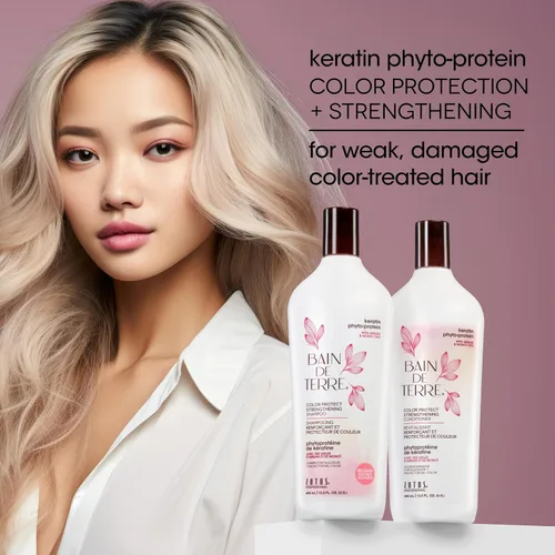 Vista 4 de Bain de Terre Champú fortalecedor de queratina fito-proteína para proteger el color, fortalecimiento seguro para cabello débil y dañado, sin