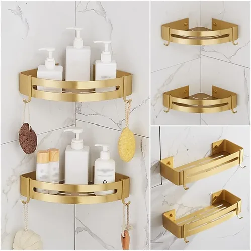 Vista 2 de Estante esquinero de baño, estante de baño montado en la pared, estante de ducha de baño de aluminio dorado cepillado, soporte para champú de baño