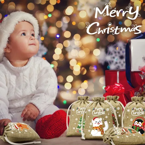 Vista 9 de FLOE 72 piezas Bolsas de regalo de Navidad de arpillera con cordón, bolsas de lino de Navidad con cordón para golosinas, bolsas de regalo de Navidad