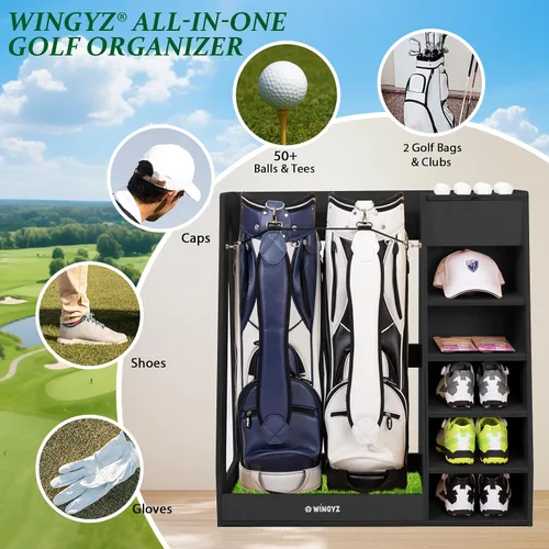 Vista 3 de WINGYZ Almacenamiento de bolsas de golf para 2 bolsas, organizador de Negro