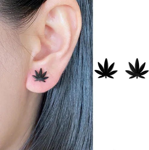Vista 2 de Pendientes de tuerca de hoja negra de plata para mujer y hombre