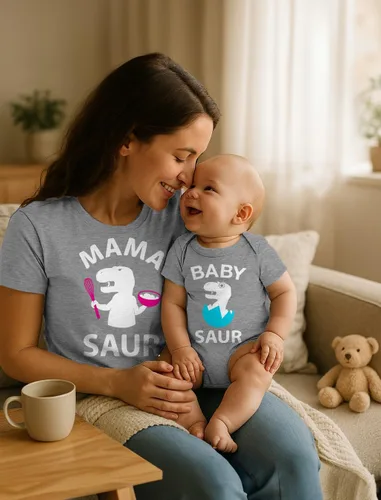 Vista 2 de Tstars - Camisetas a juego para mamá y su bebé con estampados de T-Rex Mama Saur y Baby Saur