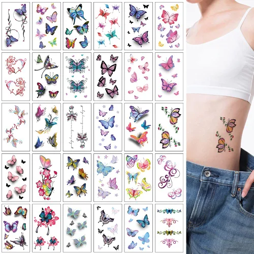 Vista 3 de 60 hojas de tatuajes temporales de flores, tatuajes de mariposas, palabras, líneas, tatuajes para adultos, hombres y mujeres