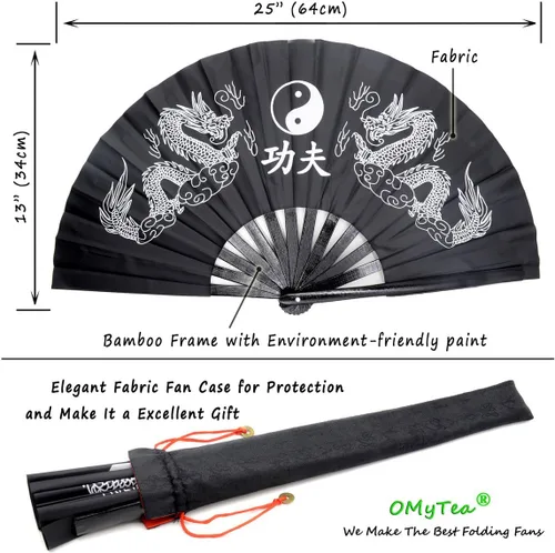 Vista 5 de OMyTea Ventilador de mano plegable grande de bambú para hombres y mujeres, ventilador de mano chino japonés de Kung Fu Tai Chi con funda de tela
