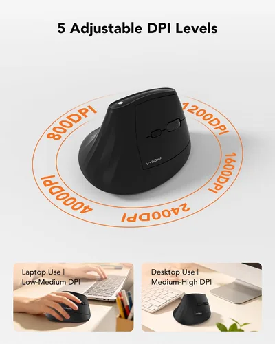 Vista 4 de KYSONA Ratón ergonómico inalámbrico, mouse vertical Bluetooth, DPI ajustable de 5 niveles, ratones con interruptor silencioso de 2.4 G para Windows