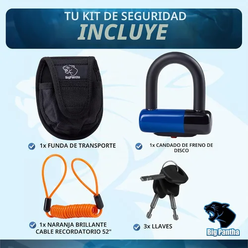 Vista 2 de Bloqueo de disco antirrobo para motocicleta, resistente con cable de recordatorio y bolsa de transporte, bloqueo de freno de disco de ajuste Azul