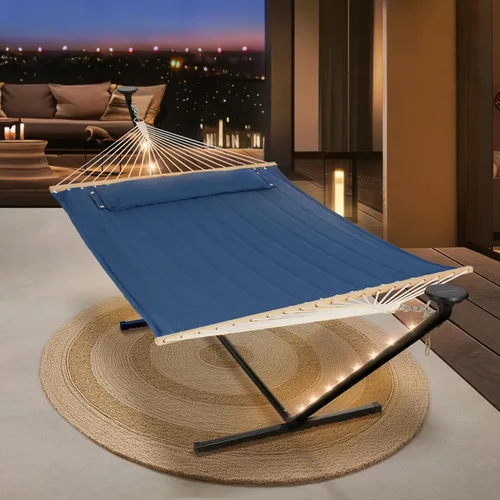 Vista 10 de SUNCREAT Hamaca doble con soporte de 12 pies, luces solares incluidas, hamaca al aire libre para exterior, gris oscuro