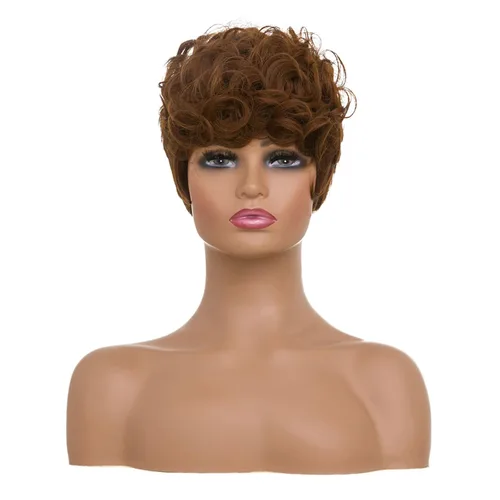 Vista 3 de MOONSHOW - Pelucas cortas de corte Pixie para mujeres negras, peluca de corte Pixie marrón Short Pixie Wigs for Black Women Natural Layered Short