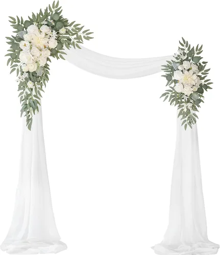 Vista 15 de [Usado] Kit de flores artificiales para arco de boda (paquete de 3), 2 piezas de decoración de arco de flores artificiales, 1 cortina transparente