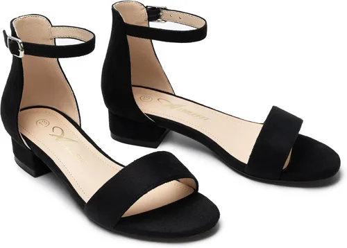 Vista 4 de Athlefit Sandalias para niñas, puntera abierta, correa en el tobillo, tacones bajos, zapatos de vestir para niñas pequeñas y grandes