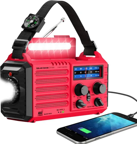 Vista 12 de Eoxsmile NOAA - Radio meteorológica de 12000 mAh, radio de emergencia con manivela manual, solar, funciona con pilas, radio portátil de onda corta