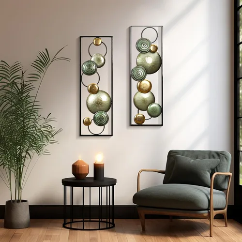 Vista 5 de LuxenHome - 2 piezas de arte de pared de metal, círculos multicolor de 36 x 12 pulgadas, decoración de pared rectangular abstracta de metal