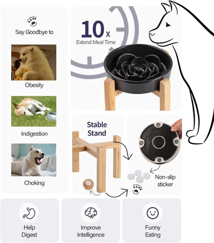 Vista 3 de Cuenco de cerámica gris para perros de razas pequeñas y medianas, cuenco elevado/elevado de 6.1 pulgadas de alimentación lenta, cuenco de comida