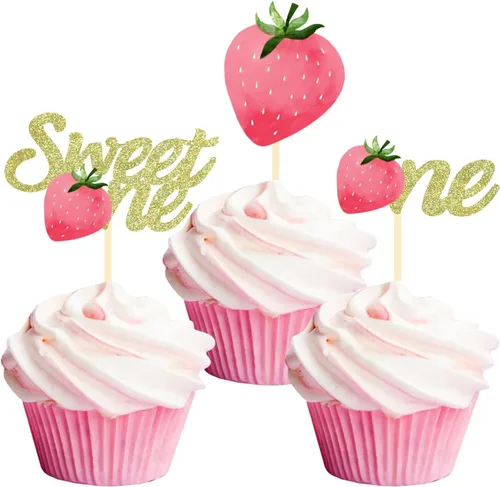 Vista 7 de 24 piezas de decoración para cupcakes de fresa con purpurina y bayas dulces para temática de bayas y fresas para niños, cumpleaños, fiesta de Berry