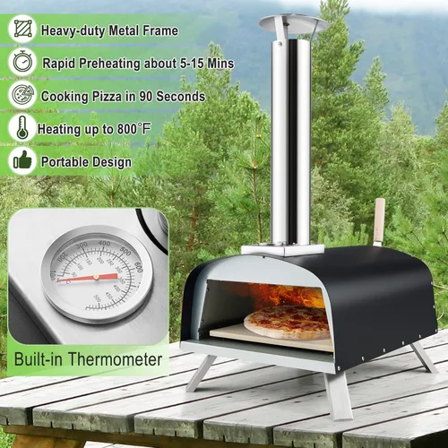 Vista 3 de Giantex Horno de pizza al aire libre, propano y leña con piedra para pizza de 13 pulgadas, cáscara de pizza, quemador de gas con regulador