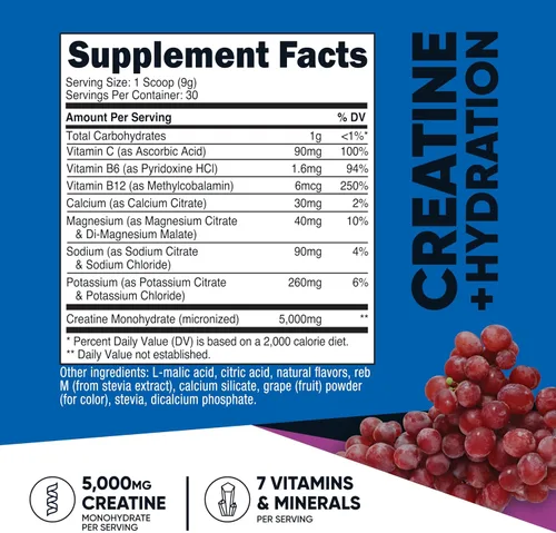 Vista 2 de Nutricost Monohidrato de creatina + hidratación con sabor a uva (30 porciones) - 7 vitaminas y minerales, 5000 mg de creatina por porción